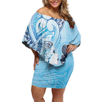 Aotearoa Maori Wahine Family Matching Off Shoulder Short Dress and Hawaiian Shirt Fantail Bird Blue Gold Marble LT05 Mom's Dress Blue - Polynesian Pride