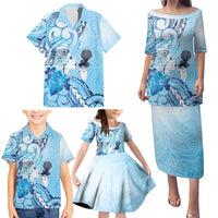 Aotearoa Maori Wahine Family Matching Puletasi and Hawaiian Shirt Fantail Bird Blue Gold Marble LT05 - Polynesian Pride