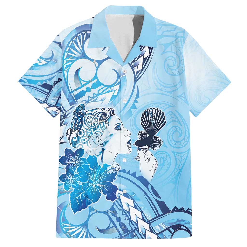 Aotearoa Maori Wahine Family Matching Puletasi and Hawaiian Shirt Fantail Bird Blue Gold Marble LT05 Dad's Shirt - Short Sleeve Blue - Polynesian Pride
