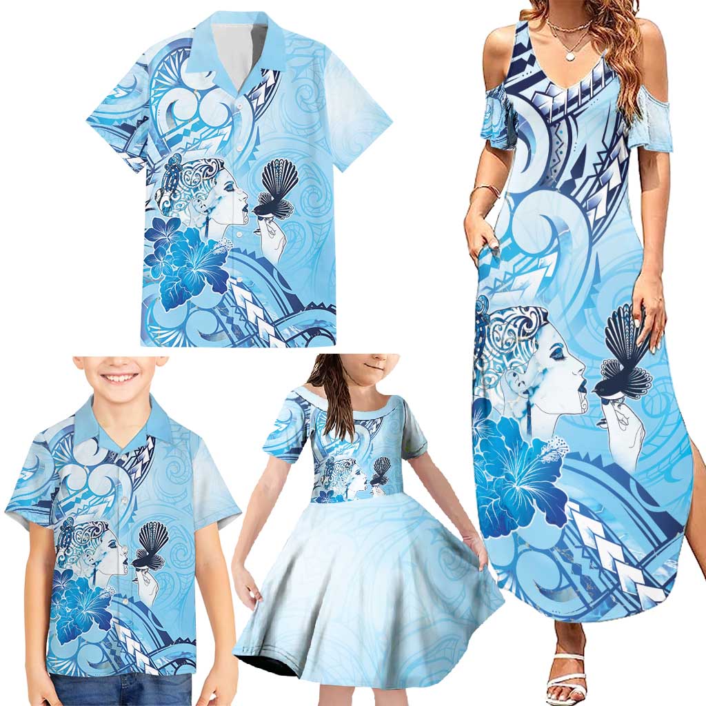 Aotearoa Maori Wahine Family Matching Summer Maxi Dress and Hawaiian Shirt Fantail Bird Blue Gold Marble LT05 - Polynesian Pride