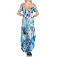 Aotearoa Maori Wahine Family Matching Summer Maxi Dress and Hawaiian Shirt Fantail Bird Blue Gold Marble LT05 - Polynesian Pride