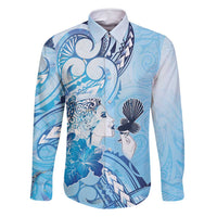 Aotearoa Maori Wahine Family Matching Tank Maxi Dress and Hawaiian Shirt Fantail Bird Blue Gold Marble LT05 Dad's Shirt - Long Sleeve Blue - Polynesian Pride