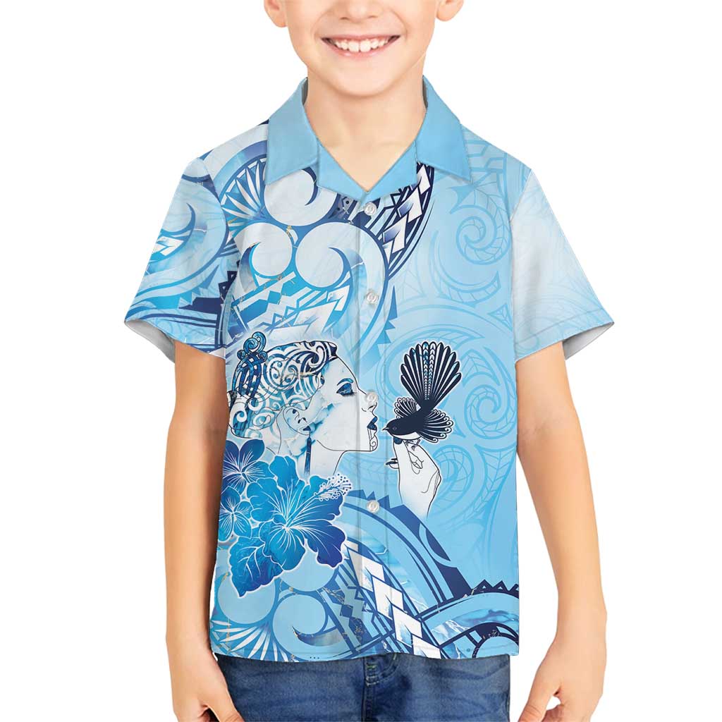 Aotearoa Maori Wahine Family Matching Tank Maxi Dress and Hawaiian Shirt Fantail Bird Blue Gold Marble LT05 Son's Shirt Blue - Polynesian Pride