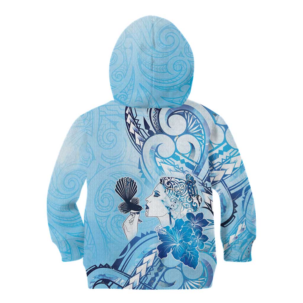 Aotearoa Maori Wahine Kid Hoodie Fantail Bird Blue Gold Marble LT05 - Polynesian Pride