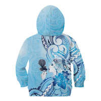 Aotearoa Maori Wahine Kid Hoodie Fantail Bird Blue Gold Marble LT05 - Polynesian Pride