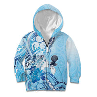 Aotearoa Maori Wahine Kid Hoodie Fantail Bird Blue Gold Marble LT05 Zip Hoodie Blue - Polynesian Pride