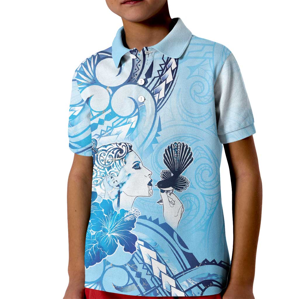 Aotearoa Maori Wahine Kid Polo Shirt Fantail Bird Blue Gold Marble
