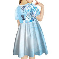 Aotearoa Maori Wahine Kid Short Sleeve Dress Fantail Bird Blue Gold Marble LT05 - Polynesian Pride