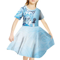 Aotearoa Maori Wahine Kid Short Sleeve Dress Fantail Bird Blue Gold Marble LT05 - Polynesian Pride