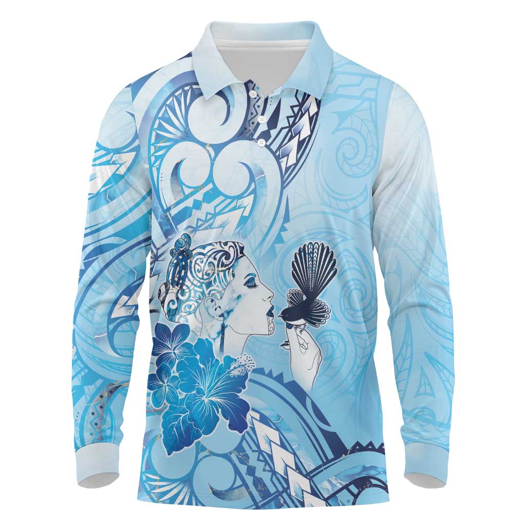 Aotearoa Maori Wahine Long Sleeve Polo Shirt Fantail Bird Blue Gold Marble LT05 Blue - Polynesian Pride
