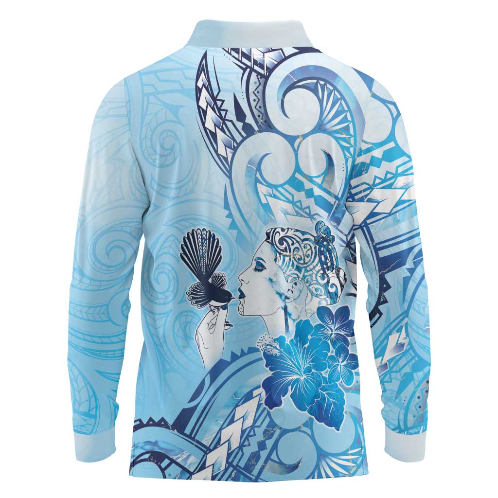 Aotearoa Maori Wahine Long Sleeve Polo Shirt Fantail Bird Blue Gold Marble LT05 - Polynesian Pride