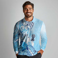 Aotearoa Maori Wahine Long Sleeve Polo Shirt Fantail Bird Blue Gold Marble LT05 - Polynesian Pride