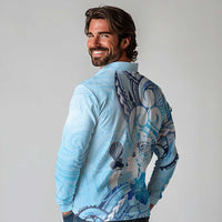Aotearoa Maori Wahine Long Sleeve Polo Shirt Fantail Bird Blue Gold Marble LT05 - Polynesian Pride