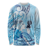 Aotearoa Maori Wahine Long Sleeve Shirt Fantail Bird Blue Gold Marble
