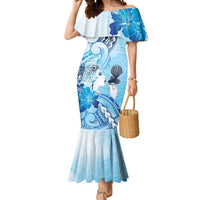 Aotearoa Maori Wahine Mermaid Dress Fantail Bird Blue Gold Marble LT05 Women Blue - Polynesian Pride