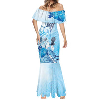 Aotearoa Maori Wahine Mermaid Dress Fantail Bird Blue Gold Marble LT05 - Polynesian Pride