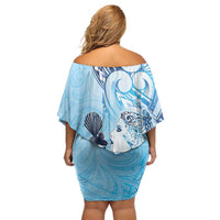 Aotearoa Maori Wahine Off Shoulder Short Dress Fantail Bird Blue Gold Marble LT05 - Polynesian Pride