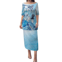 Aotearoa Maori Wahine Puletasi Fantail Bird Blue Gold Marble LT05 Long Dress Blue - Polynesian Pride
