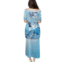 Aotearoa Maori Wahine Puletasi Fantail Bird Blue Gold Marble LT05 - Polynesian Pride