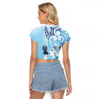 Aotearoa Maori Wahine Raglan Cropped T Shirt Fantail Bird Blue Gold Marble LT05 - Polynesian Pride