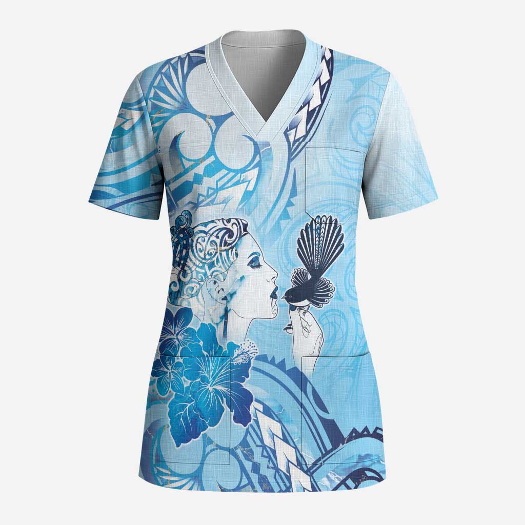Aotearoa Maori Wahine Scrub Top Fantail Bird Blue Gold Marble - Polynesian Pride