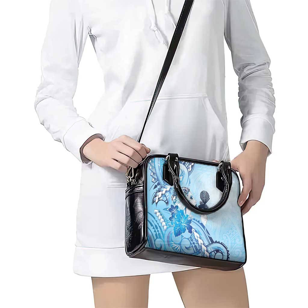 Aotearoa Maori Wahine Shoulder Handbag Fantail Bird Blue Gold Marble