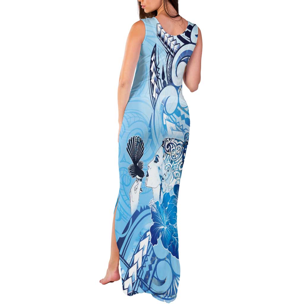 Aotearoa Maori Wahine Tank Maxi Dress Fantail Bird Blue Gold Marble LT05 - Polynesian Pride
