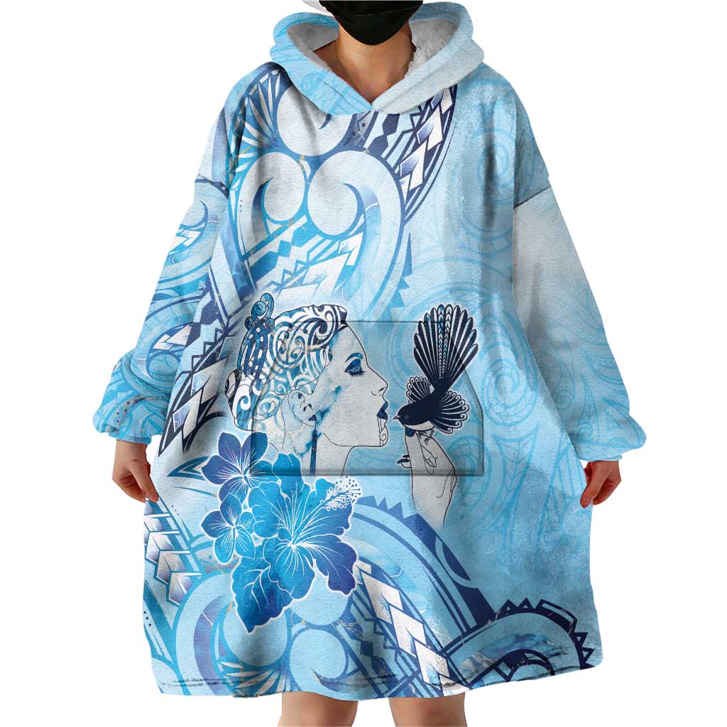 Aotearoa Maori Wahine Wearable Blanket Hoodie Fantail Bird Blue Gold Marble LT05 - Polynesian Pride