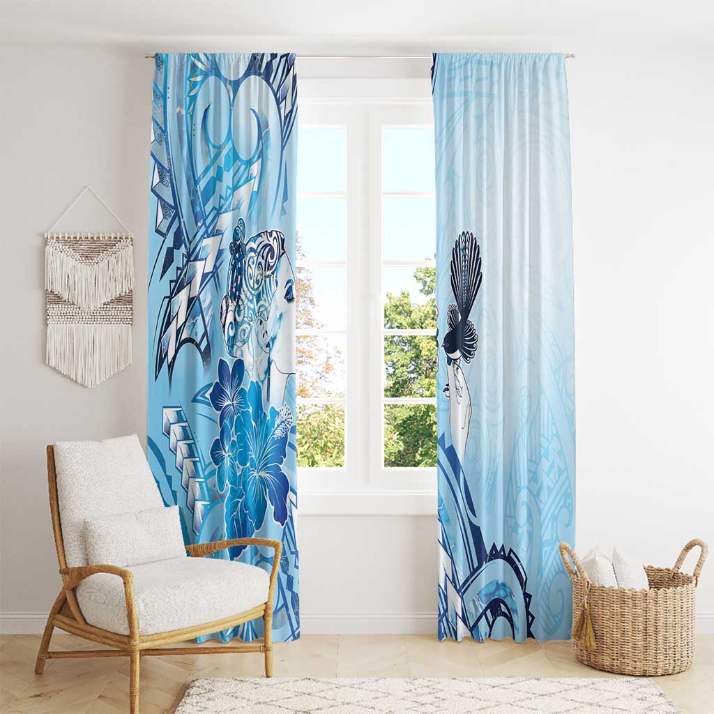 Aotearoa Maori Wahine Window Curtain Fantail Bird Blue Gold Marble
