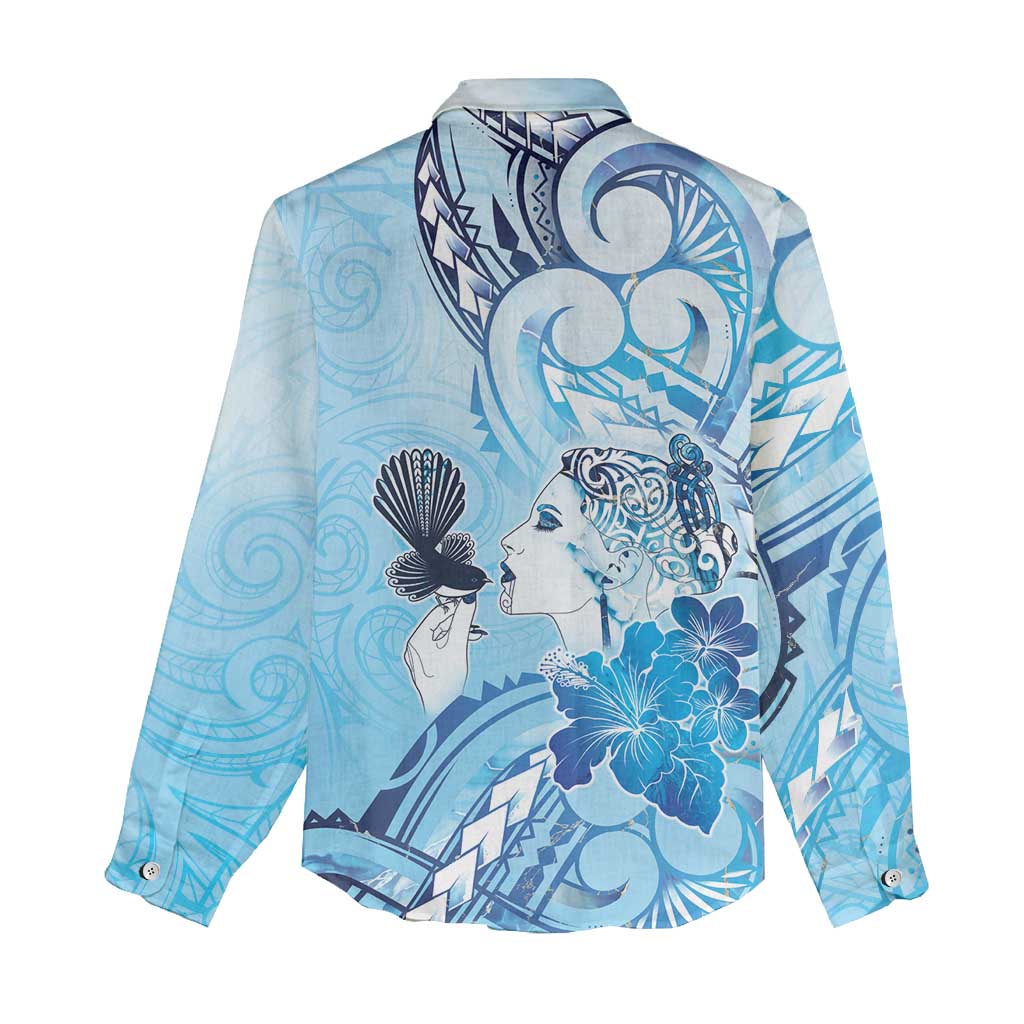 Aotearoa Maori Wahine Women Casual Shirt Fantail Bird Blue Gold Marble LT05 - Polynesian Pride