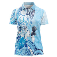 Aotearoa Maori Wahine Women Polo Shirt Fantail Bird Blue Gold Marble LT05 Female Blue - Polynesian Pride