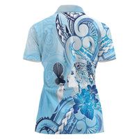 Aotearoa Maori Wahine Women Polo Shirt Fantail Bird Blue Gold Marble LT05 - Polynesian Pride