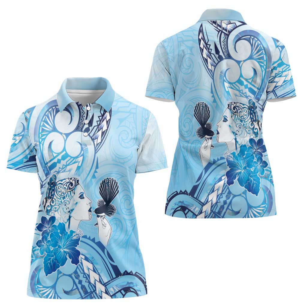 Aotearoa Maori Wahine Women Polo Shirt Fantail Bird Blue Gold Marble LT05 - Polynesian Pride