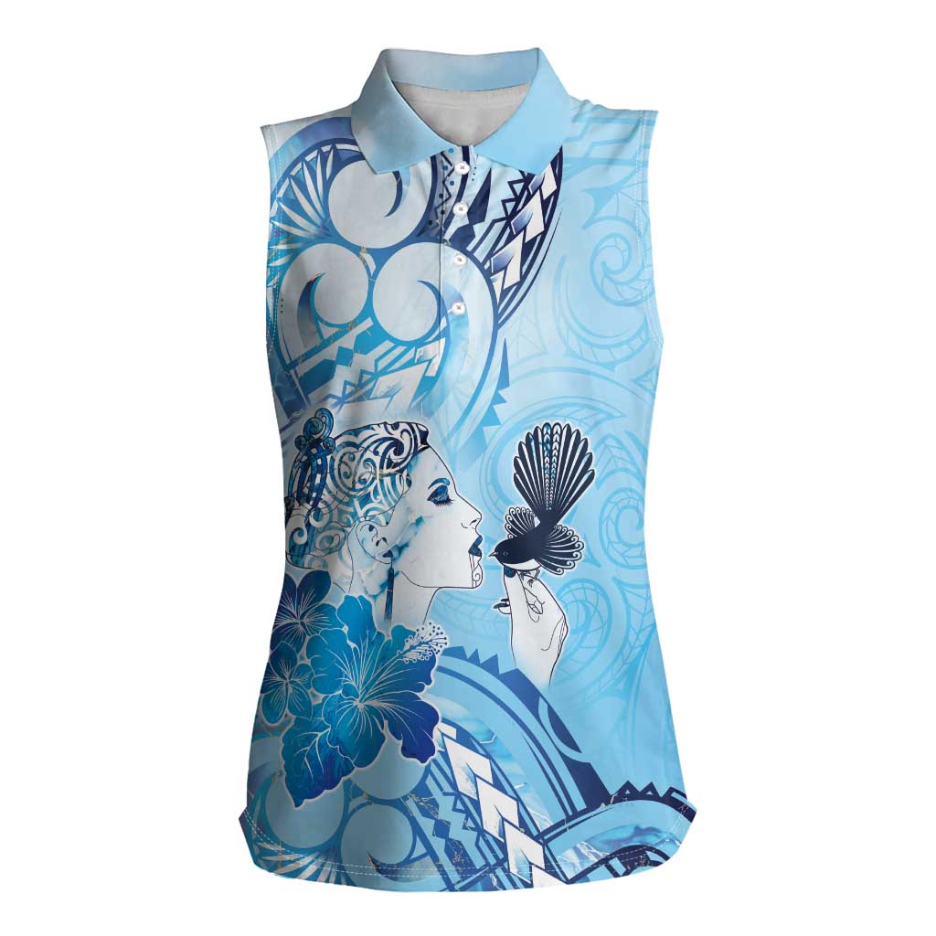 Aotearoa Maori Wahine Women Sleeveless Polo Shirt Fantail Bird Blue Gold Marble LT05 Female Blue - Polynesian Pride