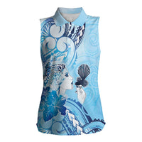 Aotearoa Maori Wahine Women Sleeveless Polo Shirt Fantail Bird Blue Gold Marble LT05 Female Blue - Polynesian Pride