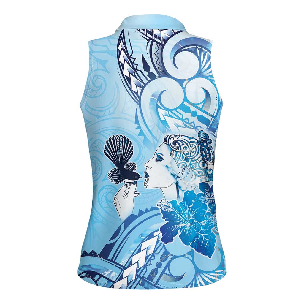 Aotearoa Maori Wahine Women Sleeveless Polo Shirt Fantail Bird Blue Gold Marble LT05 - Polynesian Pride