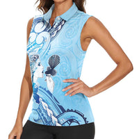 Aotearoa Maori Wahine Women Sleeveless Polo Shirt Fantail Bird Blue Gold Marble LT05 - Polynesian Pride
