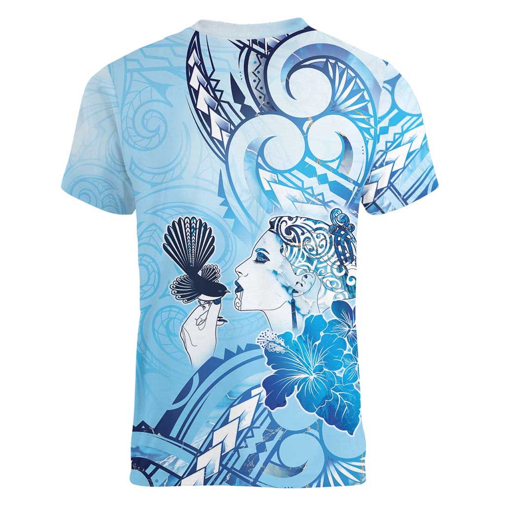 Aotearoa Maori Wahine Women V-Neck T-Shirt Fantail Bird Blue Gold Marble LT05 - Polynesian Pride