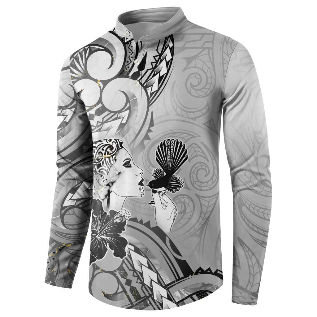 Aotearoa Maori Wahine Button Sweatshirt Fantail Bird Black Gold Marble