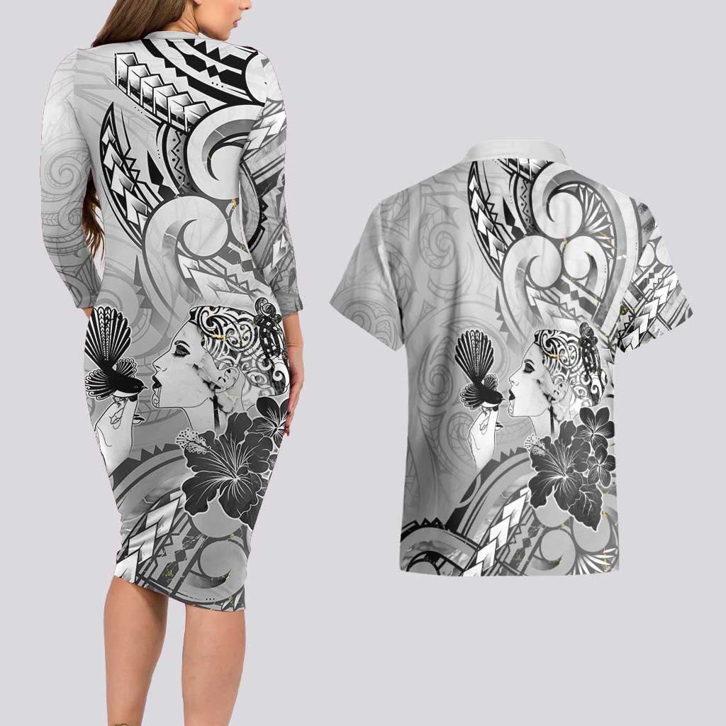 Aotearoa Maori Wahine Couples Matching Long Sleeve Bodycon Dress and Hawaiian Shirt Fantail Bird Black Gold Marble LT05 - Polynesian Pride