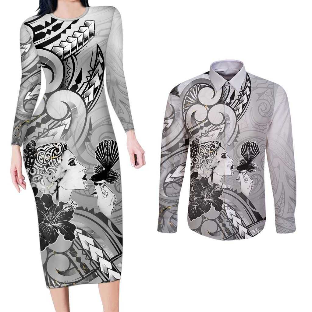 Aotearoa Maori Wahine Couples Matching Long Sleeve Bodycon Dress and Long Sleeve Button Shirt Fantail Bird Black Gold Marble LT05 Black - Polynesian Pride