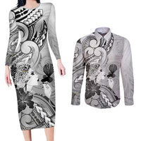 Aotearoa Maori Wahine Couples Matching Long Sleeve Bodycon Dress and Long Sleeve Button Shirt Fantail Bird Black Gold Marble LT05 Black - Polynesian Pride