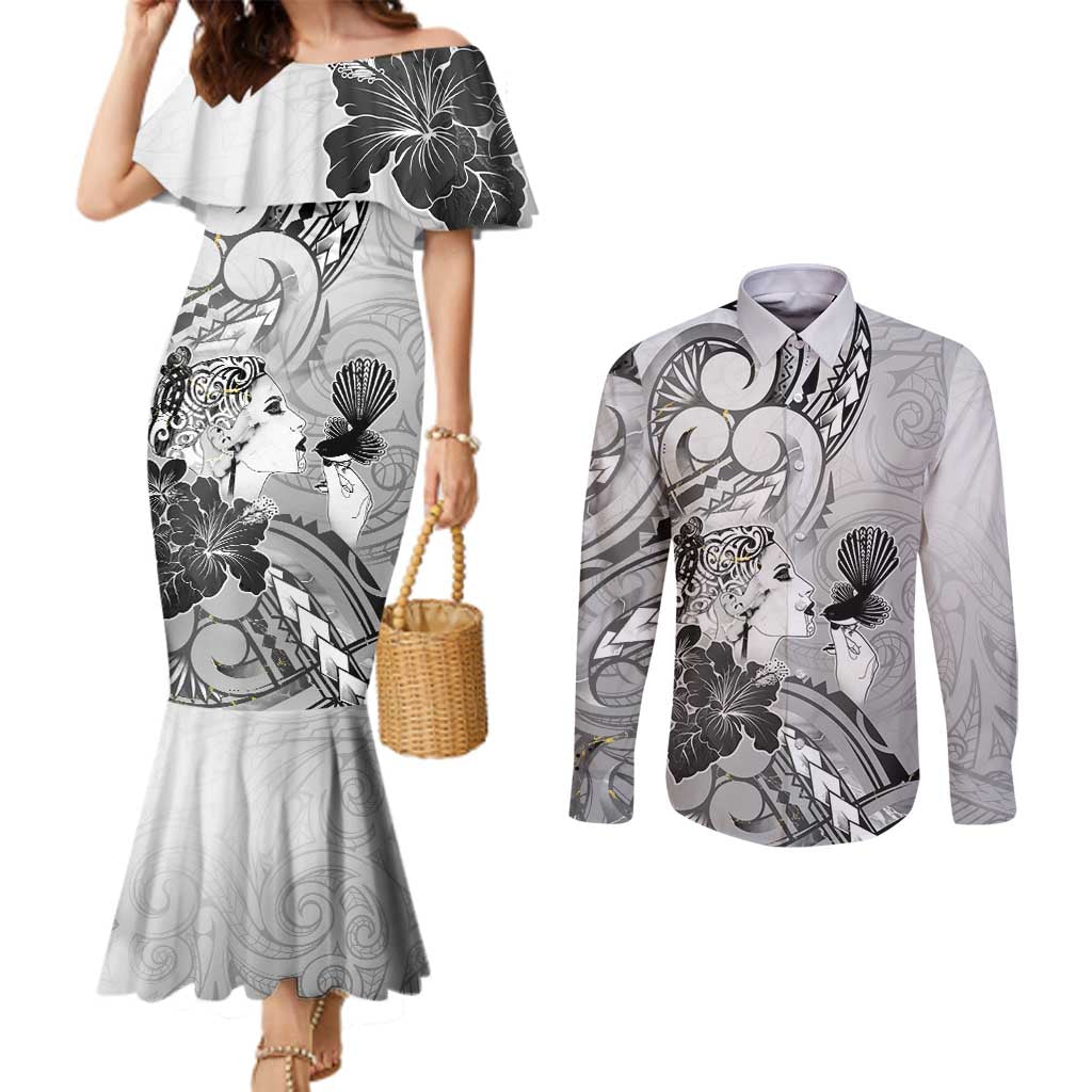 Aotearoa Maori Wahine Couples Matching Mermaid Dress and Long Sleeve Button Shirt Fantail Bird Black Gold Marble LT05 Black - Polynesian Pride