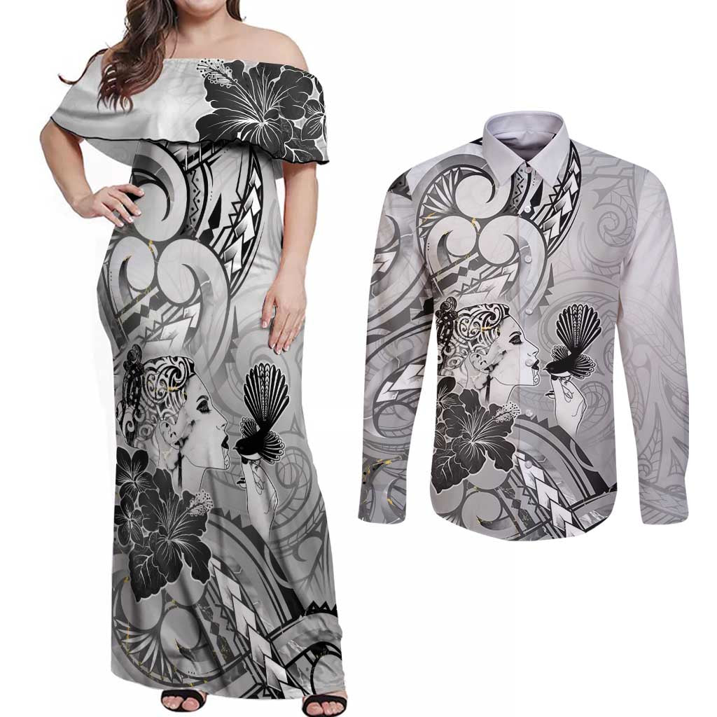 Aotearoa Maori Wahine Couples Matching Off Shoulder Maxi Dress and Long Sleeve Button Shirt Fantail Bird Black Gold Marble LT05 Black - Polynesian Pride