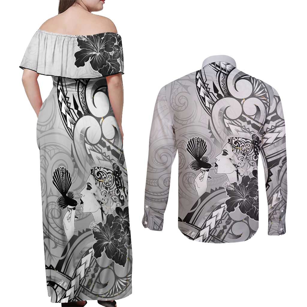 Aotearoa Maori Wahine Couples Matching Off Shoulder Maxi Dress and Long Sleeve Button Shirt Fantail Bird Black Gold Marble LT05 - Polynesian Pride