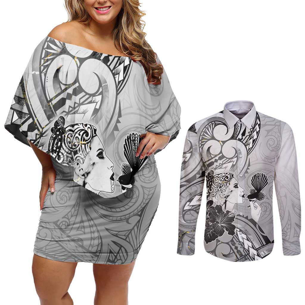 Aotearoa Maori Wahine Couples Matching Off Shoulder Short Dress and Long Sleeve Button Shirt Fantail Bird Black Gold Marble LT05 Black - Polynesian Pride