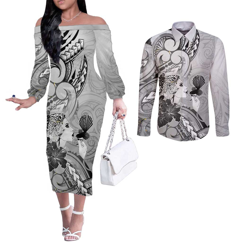 Aotearoa Maori Wahine Couples Matching Off The Shoulder Long Sleeve Dress and Long Sleeve Button Shirt Fantail Bird Black Gold Marble LT05 Black - Polynesian Pride