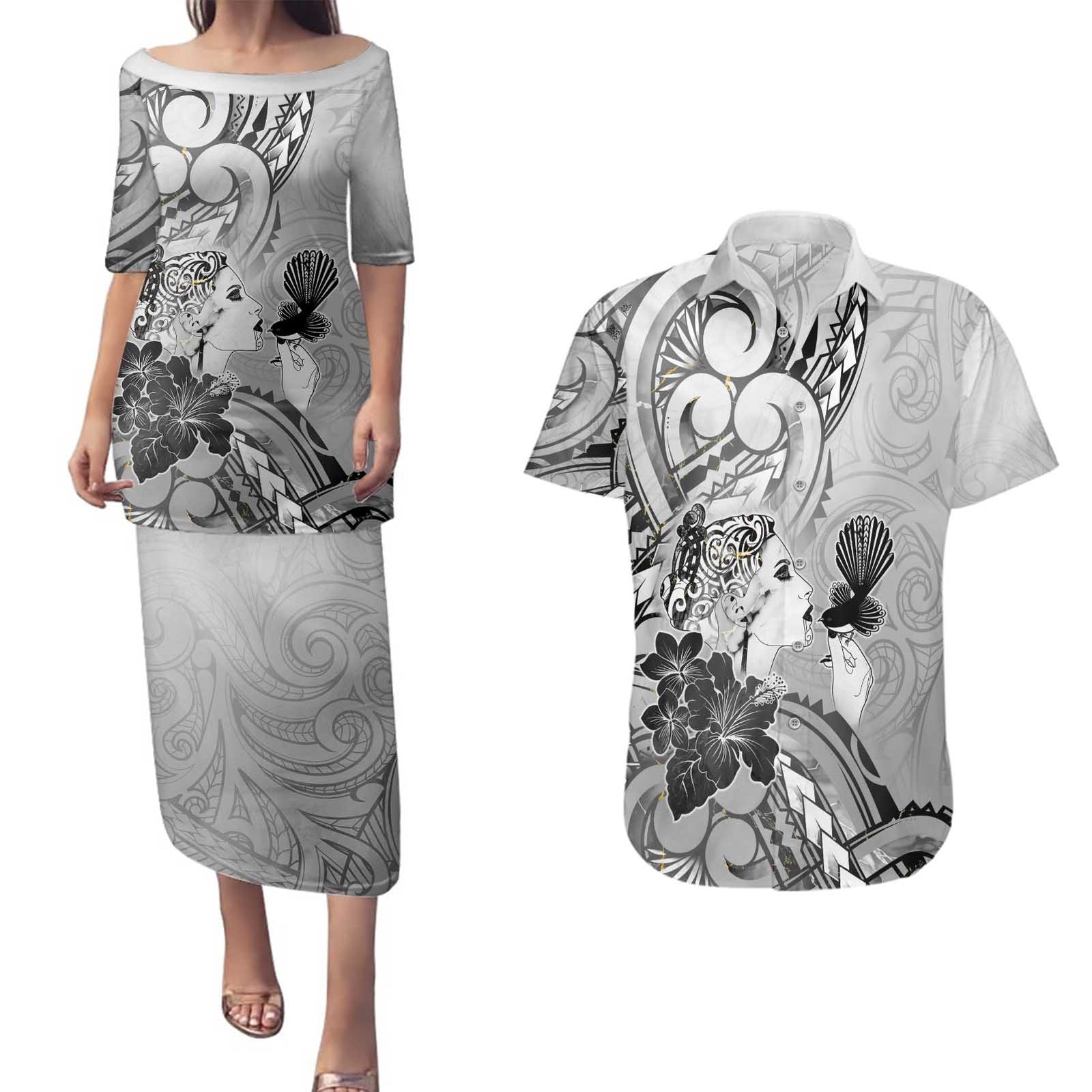 Aotearoa Maori Wahine Couples Matching Puletasi and Hawaiian Shirt Fantail Bird Black Gold Marble LT05 Black - Polynesian Pride