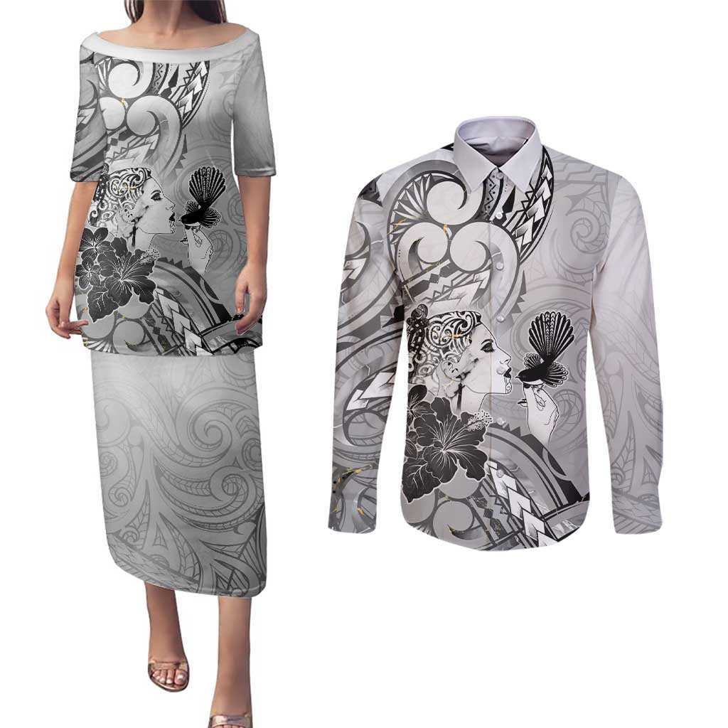 Aotearoa Maori Wahine Couples Matching Puletasi and Long Sleeve Button Shirt Fantail Bird Black Gold Marble LT05 Black - Polynesian Pride
