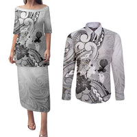 Aotearoa Maori Wahine Couples Matching Puletasi and Long Sleeve Button Shirt Fantail Bird Black Gold Marble LT05 Black - Polynesian Pride